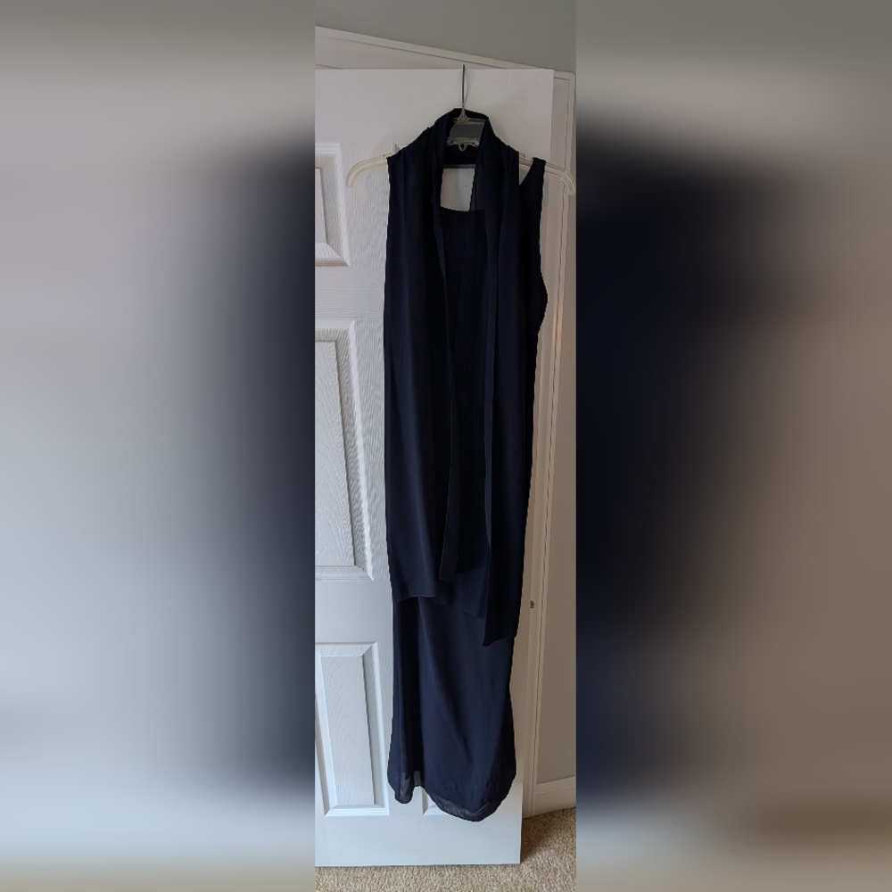 Elegant Navy Sleeveless Navy Blue Dress with Scarf